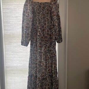 NATURAL LIFE White and Brown Bishop Sleeve Square Neck Sundress